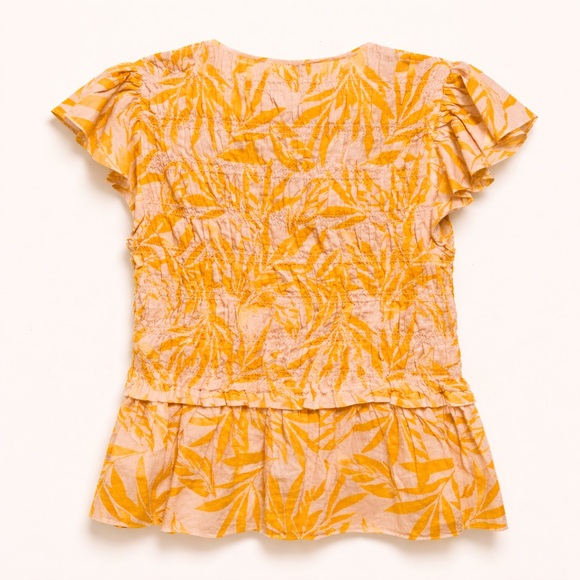 ON 34th Smocked Peplum Cotton Top Pink Yellow Floral L - Picture 2 of 2